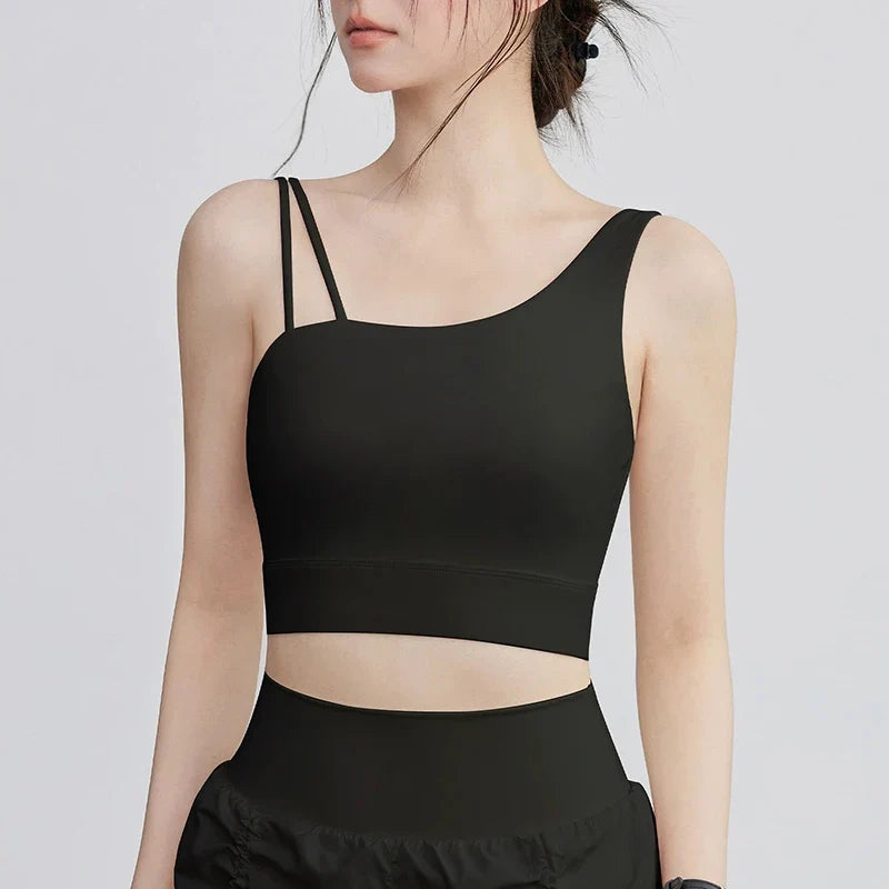 Women's Irregular Shoulder Strap Yoga Sports Bra Shockproof One-Piece Cup Running Vest for Training Fitness And Yoga