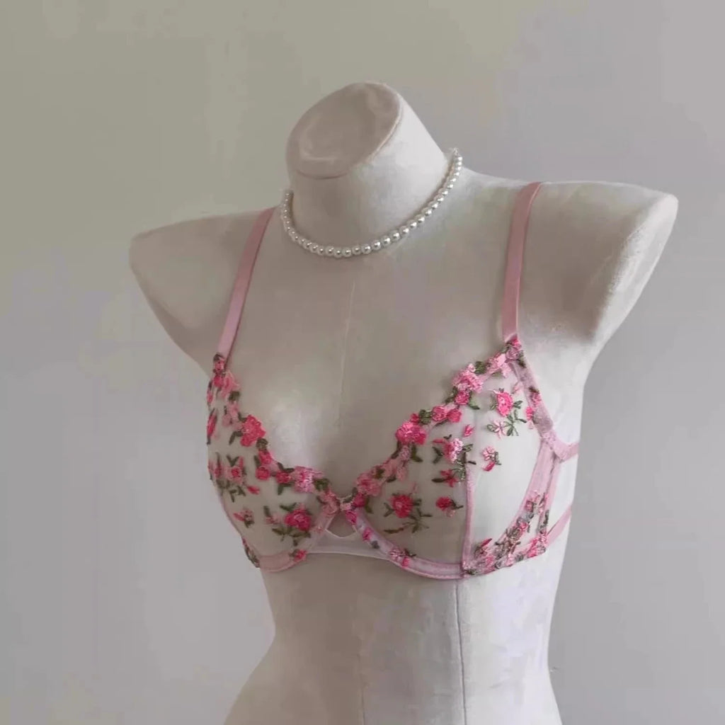 French Floral Bra Set Women | Sweet Sexy Sheer Mesh Lace, Transparent Underwear Set | Practical & Feminine MOYISU Sexy Panty Set