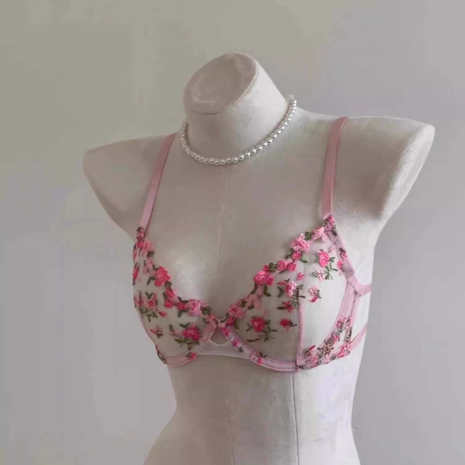 French Floral Bra Set Women | Sweet Sexy Sheer Mesh Lace, Transparent Underwear Set | Practical & Feminine MOYISU Sexy Panty Set