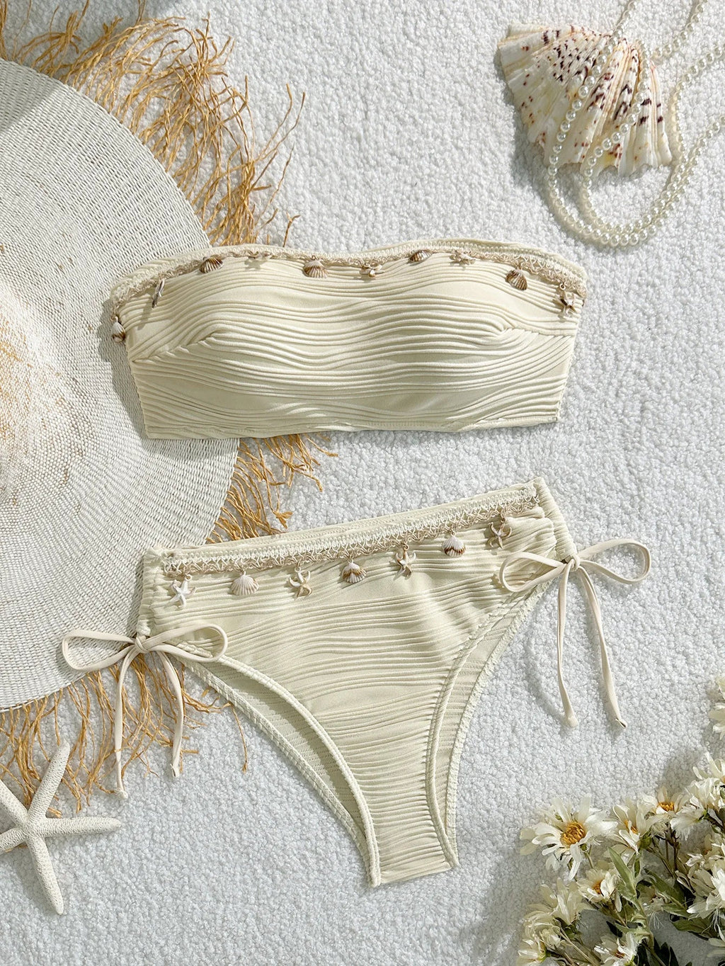 XS - XL Bandeau Wrinkled High Cut Bikini Women Swimwear Female Swimsuit Two-pieces Bikini Set Shells Bather Bathing Suit Swim
