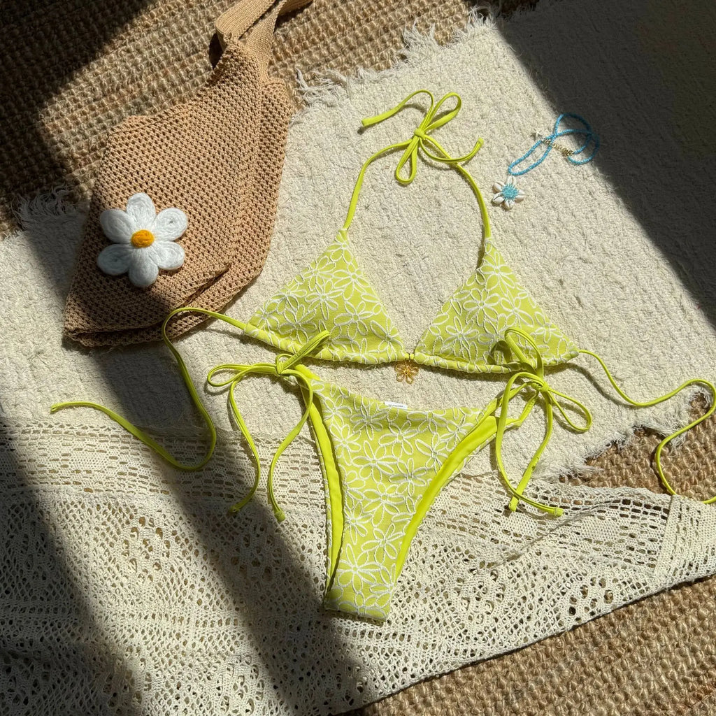 Sexy Pink Mesh Flower Bikini Set Women Halter Push Up Bra Bandage Triangle Swimsuit 2025 Summer Bathing Suit Vacation Swimwear