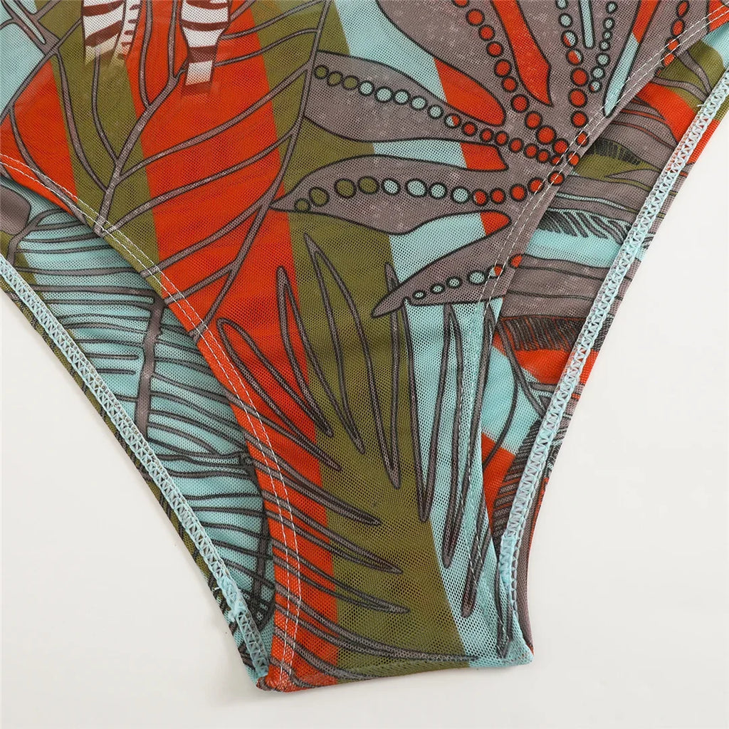 S - XXL 3PCS New Printed Long Sleeve With Pants Sarong Women Swimwear One Piece Swimsuit Female Bather Bathing Suit Swim V7180