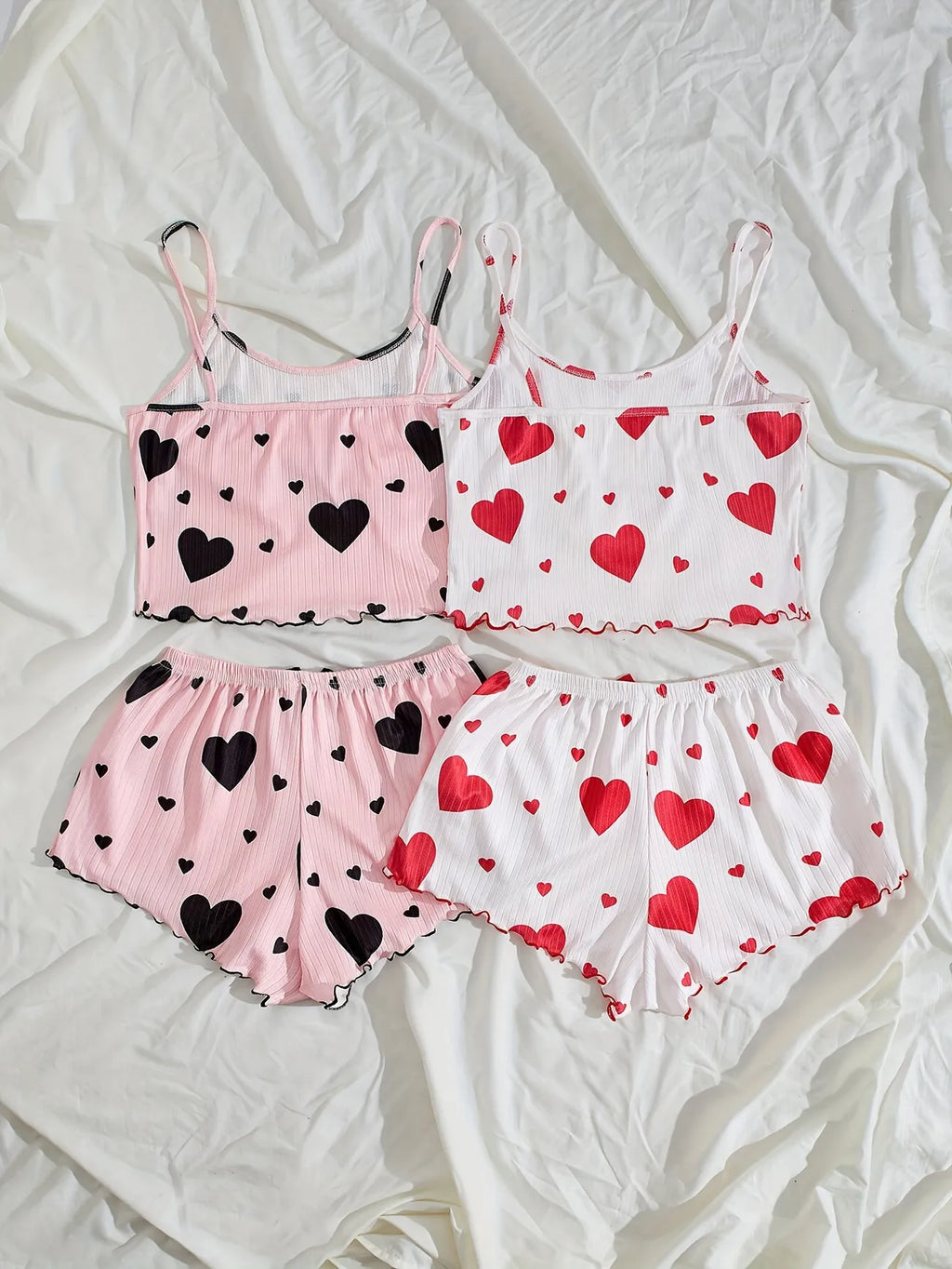 Women Heart Print Ribbed Pajama Set Sleeveless Cami Top and Ruffle Shorts Summer Two Piece Loungewear Sleepwear