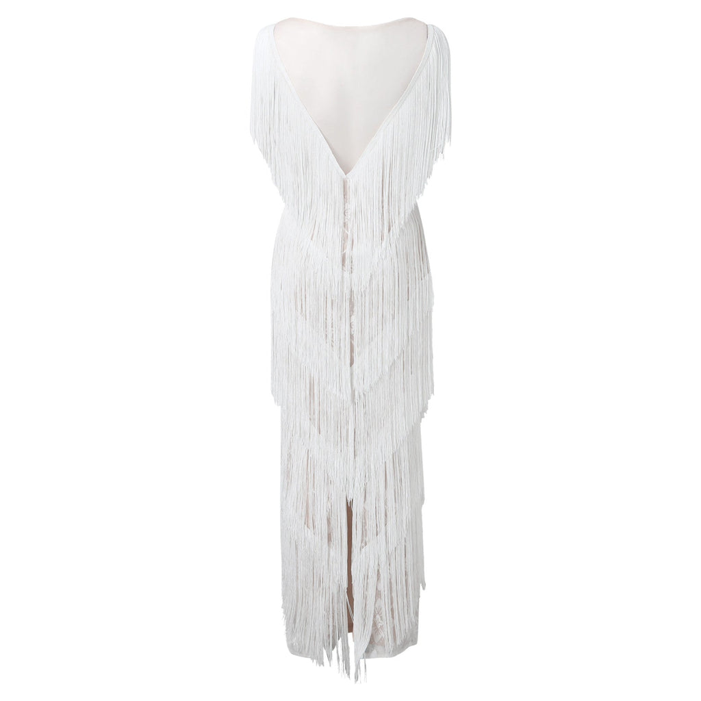 Womens Deep V Midi Fringed Dresses Sleeveless Pencil Party Solid Elegant Sexy Skirt Long Dresses Evening Party Mujer