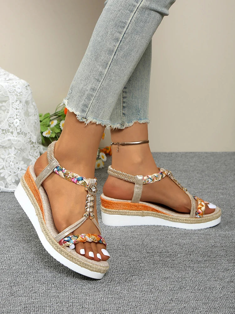 Fashion T-Strap Platform Sandals for Women New Mix Color Elastic Band Wedge Sandals Woman Summer Daily Open Toe Sandalias Female