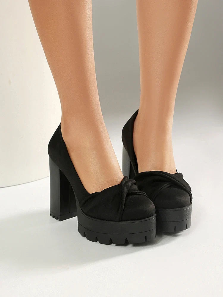 Plus Size Cross Soft PU Upper Platform Ultra Coarse Heel Shallow Breathable High Heels Office Women's Shoes
