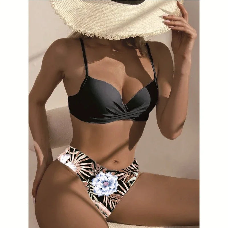 Boho Style Women's 3 Pieces Swimsuit Floral Bikini Set+Long Sleeve Cover-Up Swimwear Sexy Low Waist Tankinis Beachwear Holiday