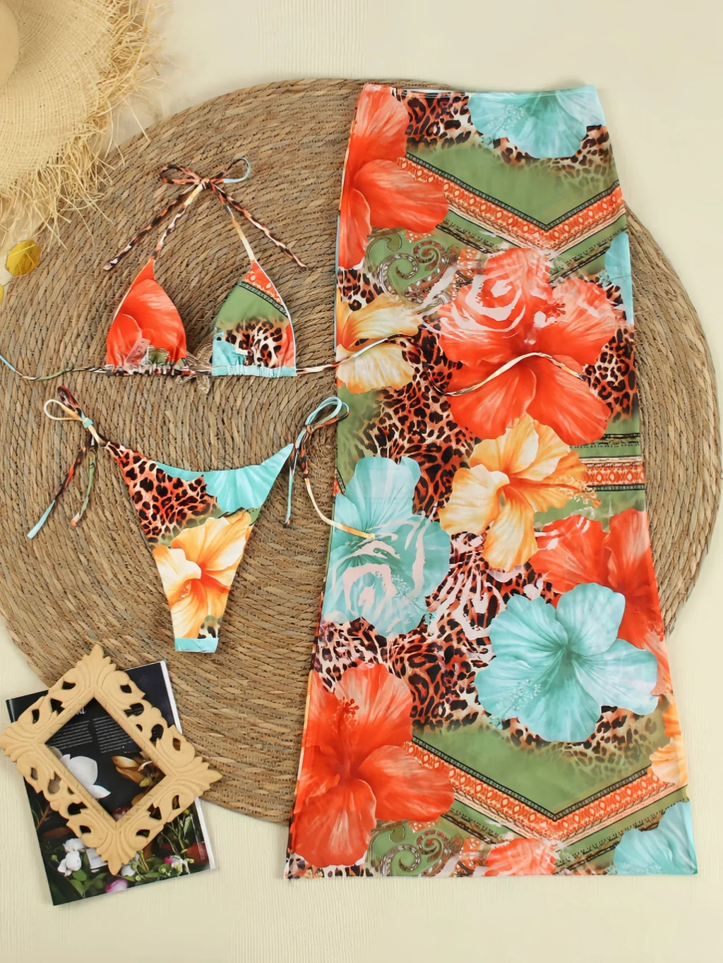 3 Pieces Halter Triangle String Bikinis 2026 Print Swimwear Female Sexy Swimsuit Women & Beach Dress Bathing Swimming Swim Suit