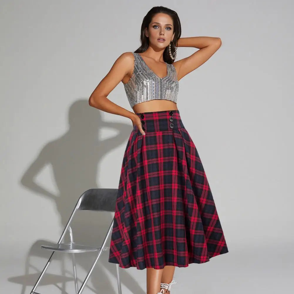 High Waist A-Line Skirt Women Midi Skirt Plaid Print Large Hem Design Autumn Winter Skirt Streetwear