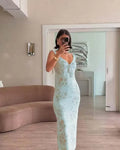 Sexy Elegant Flower Print Slim Long Dresses Women V-neck Low Cut Leace-up Backless Package Hip Bodycon Sleeveless Dress Female