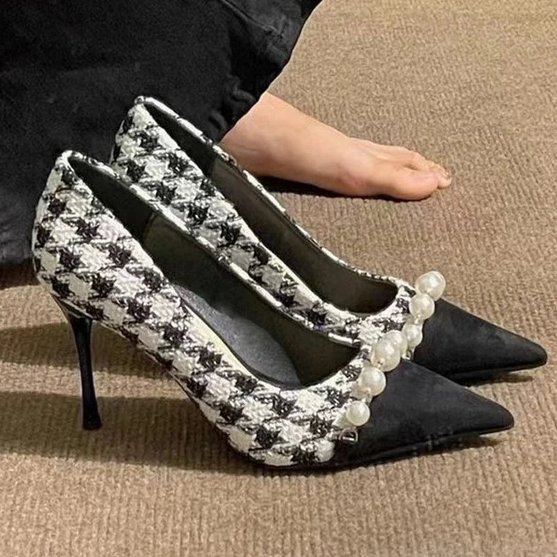 Fashion Pearls Decoration High Heels Shoes Women Plaid Thin Heels Party Pumps for Woman Spring Autumn Pointed Toe Pumps Female