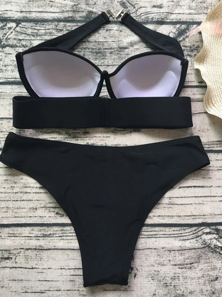 Neon Green Push Up Bra Cup Bikini Women Bandeau Swimsuit Female Swimwear Two Pieces Bikini Set Brazilian Bathing Suit Swim Lady