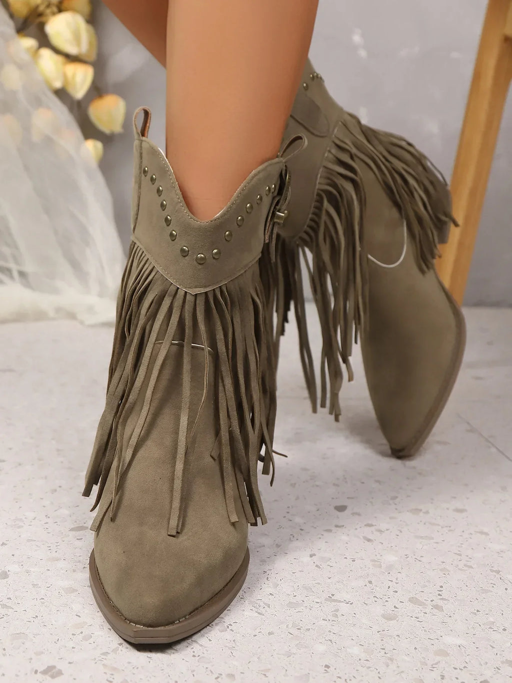 Women Ankle Boots Autumn  Suede Chelsea Boots Pointed Toe Tassel High Heel Shoe Rivet Fashion Retro Cowboy Boots Botas Mujer