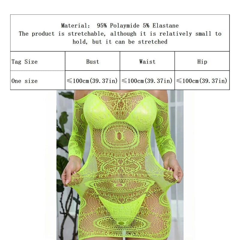1 PC Women Sheer Mesh Long Sleeve Beach Cover Up Sexy See-Through Fishnet Bodycon Dress for Summer No Bikini Included