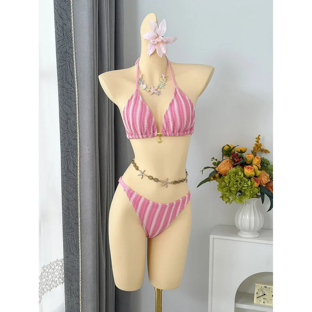 With Pants Striped Halter Bikini Female Swimsuit Women Swimwear Three-Pieces Bikini Set Brazilian Bather Bathing Suit Swim V7838