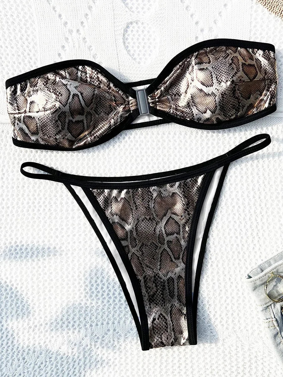 Snake Skin Bandeau Bikinis High Cut Bikini Female Swimsuit Women Swimwear Two-pieces Bikini Set Bathing Suit Swim Beach Wear
