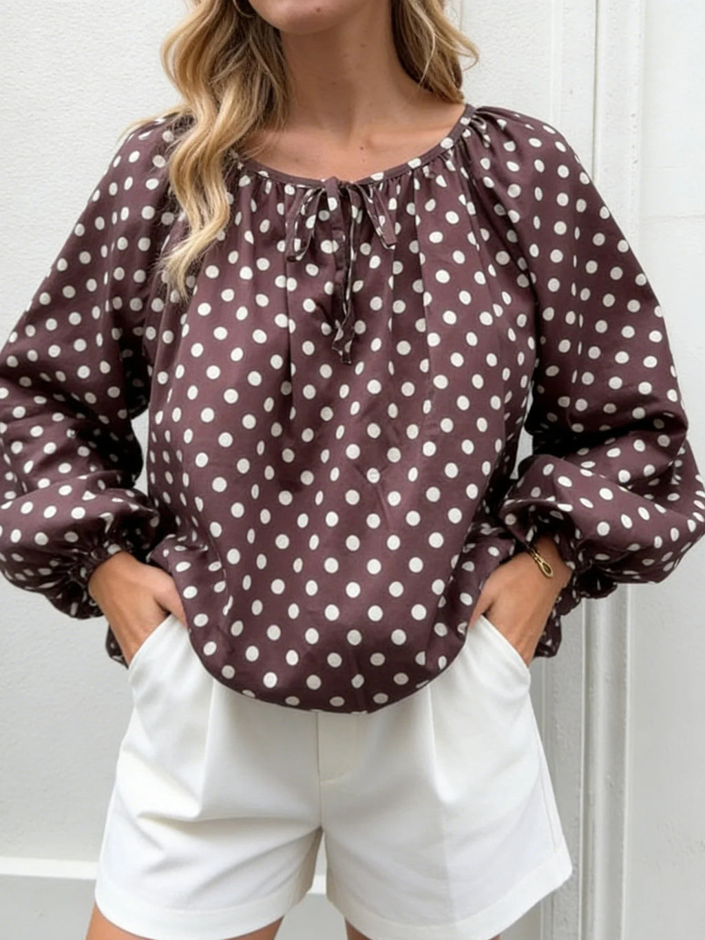 Women Puff Long Sleeve Crew Neck Spring Fall Tops Fashion Dot Print Casual Loose Fit Flowy Blouse