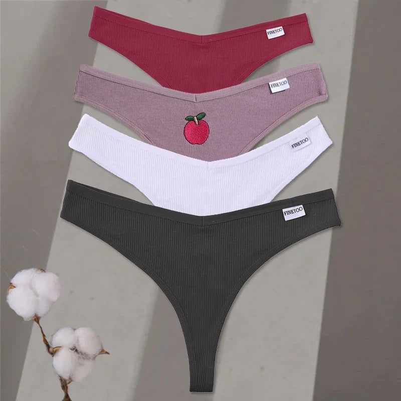 4Pcs/set Cotton Thongs Women Low-Rise Bikini Underwear M-XL Comfortable G-string Female Fruit Embroidery T-Back Panties Lingerie
