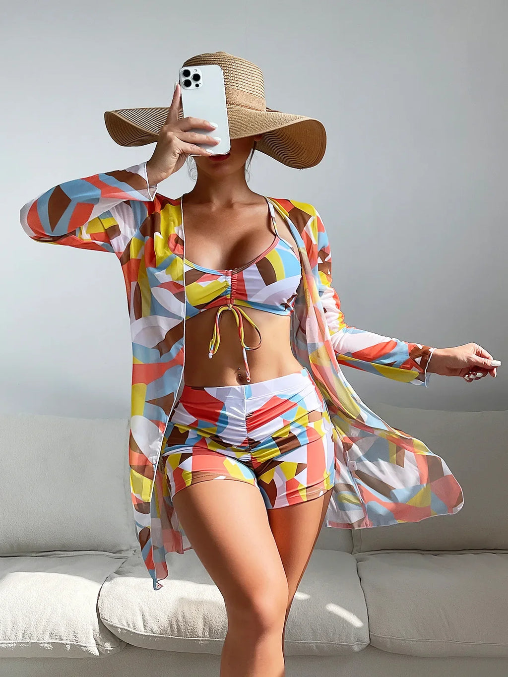 New Sexy 3 Pieces Suit for Women Neck Hanging Bikini Set+Cover-up Swimwear Sunproof Tankini High Waist Shorts Swimsuit Beachwear