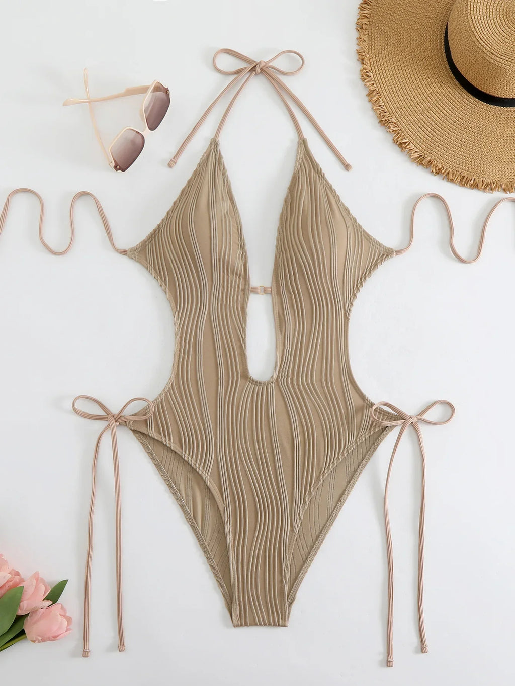 S - XXL Halter V Neck Wrinkled Female Swimwear One Piece Swimsuit Women Backless Monokini High Cut Bathing Suit Swim Beach Wear