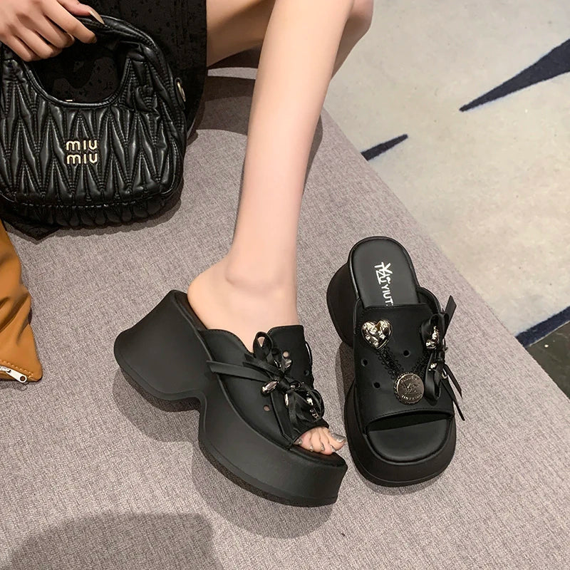 Metal Decor Chunky Platform Sandals Women 2026 Summer Open Toe High Heels Clogs Slippers Woman Bowknot Wedge Heel Sandles Female