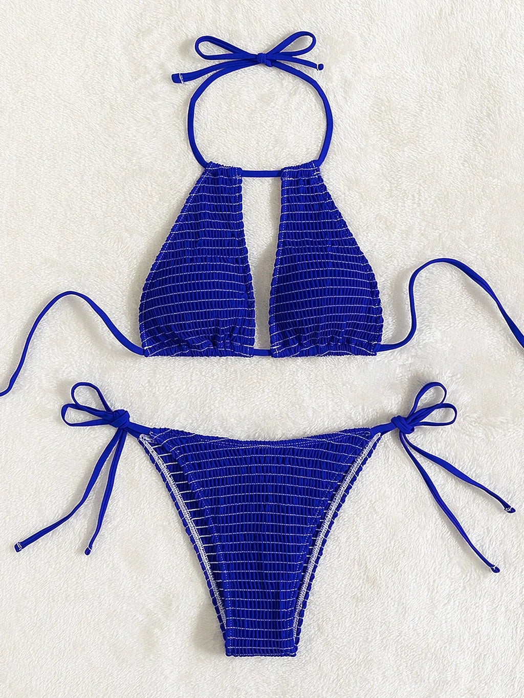 2025 Halter Tie Side Hollow Out Smocked Bikini Women Swimsuit Female Swimwear Two Pieces Bikini Set Swim Bathing Suit Beach Wear