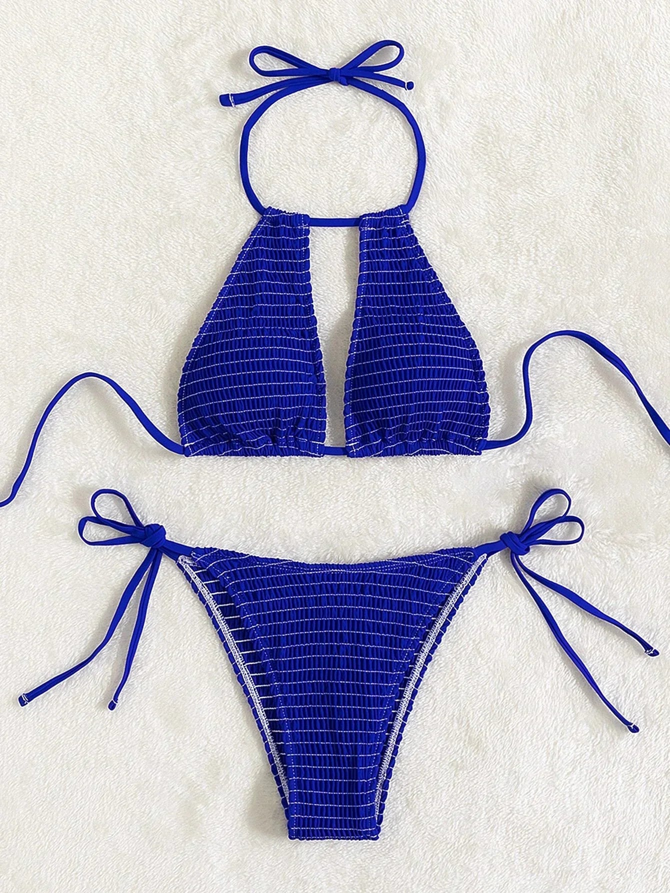 2025 Halter Tie Side Hollow Out Smocked Bikini Women Swimsuit Female Swimwear Two Pieces Bikini Set Swim Bathing Suit Beach Wear