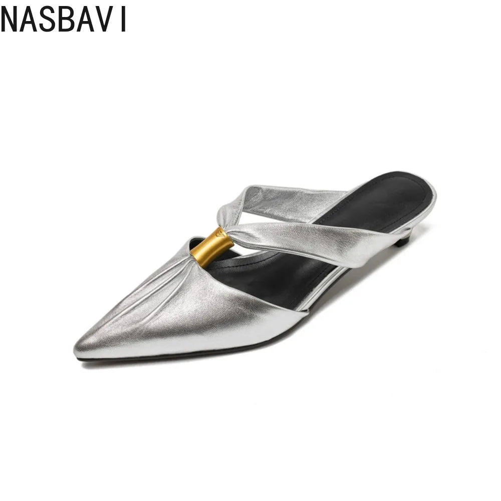 2026 Summer New Brand Women Slipper Fashion Pointed Toe Slip On Slides Low Heel Ladies Elegant Mules Sandals Top quality  Gold