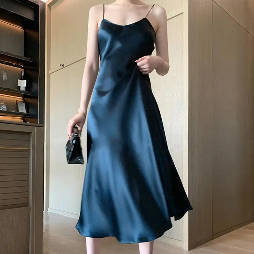Women Evening Dress V Neck Low Cut Spaghetti Strap Solid Color Backless Dress-up Sleeveless Satin Wedding Party Midi Dress