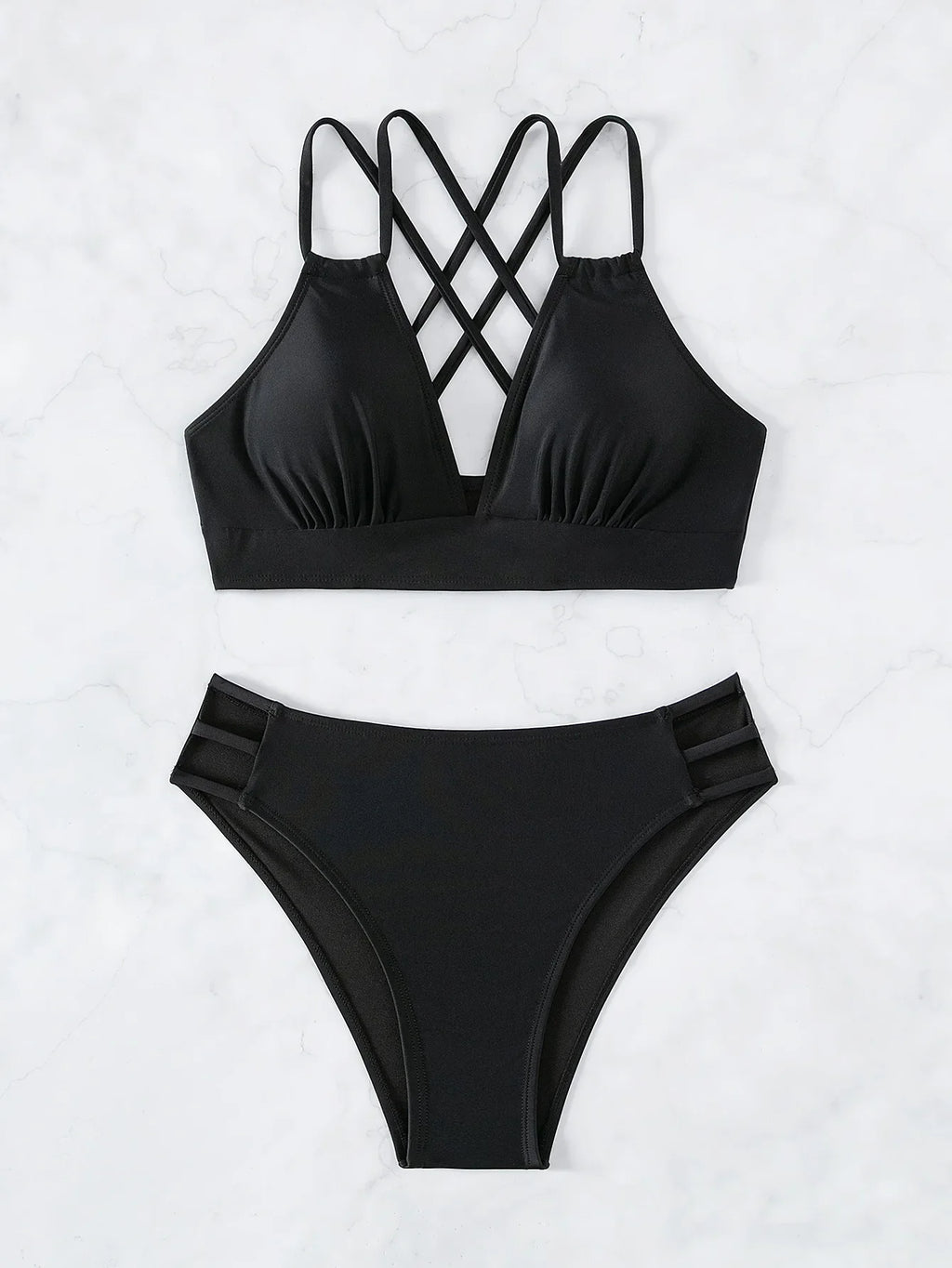 Sexy Solid Black Two Piece Swimsuit for Women Summer New High Waist Bikini Set Beach Vacation V-neck Backless Swimwear 2026