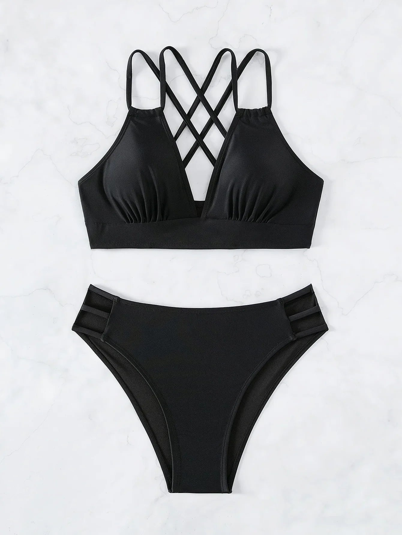Sexy Solid Black Two Piece Swimsuit for Women Summer New High Waist Bikini Set Beach Vacation V-neck Backless Swimwear 2026