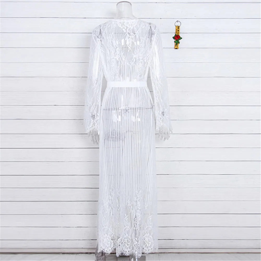 S - XL Sexy Sheer Crochet Lace Tunic Beach Cover Up Beach Cover-ups Long Beach Dress Beach Wear Beachwear Female Women V1318
