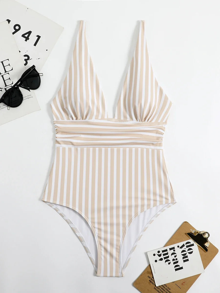 2026 Striped One Piece Swimsuit Vintage Swimwear Women V-neck Bathing Swimming Suit Female Summer Beachwear Bodysuit
