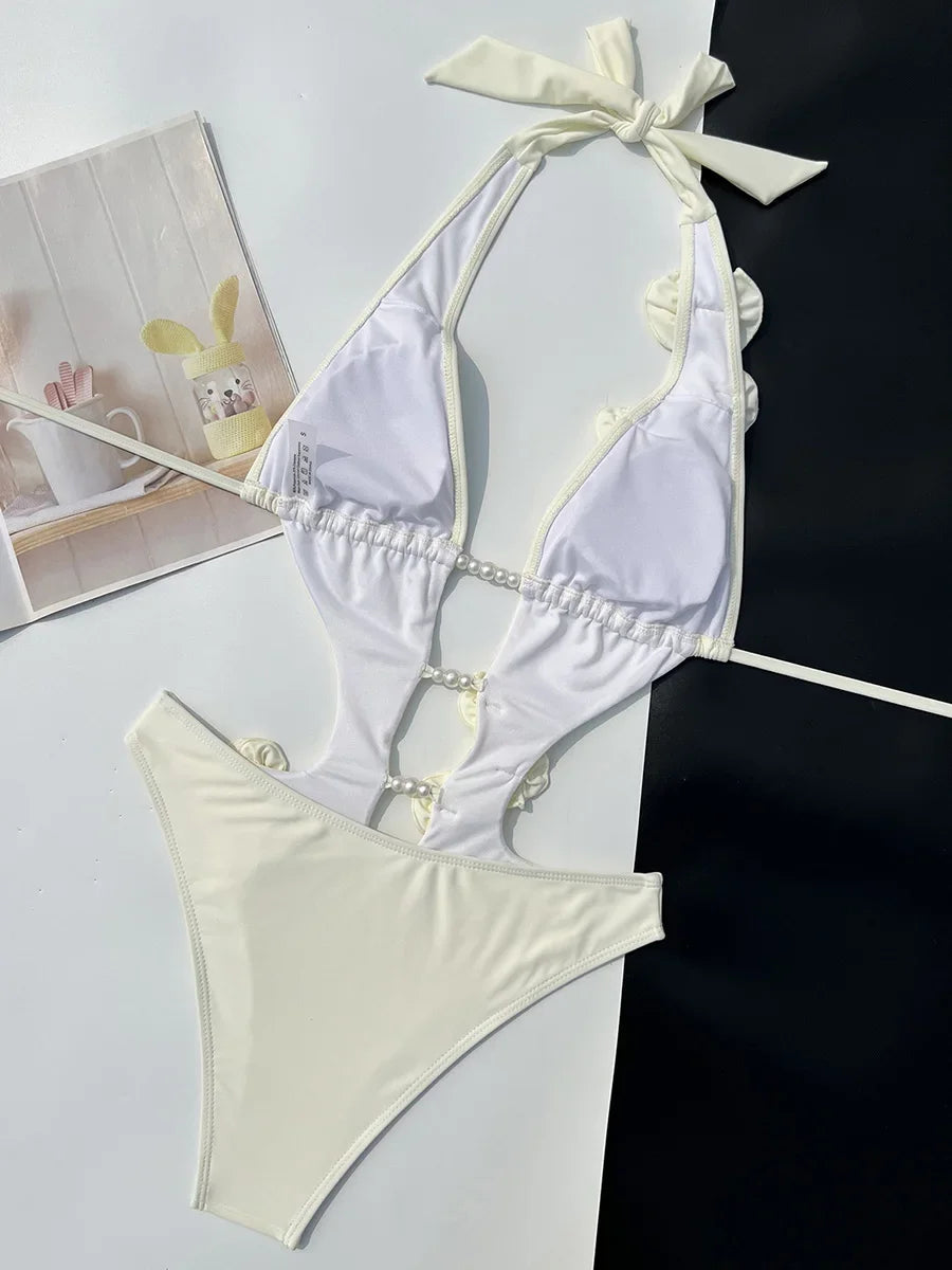 3D Flowers Deep V Neck Halter Women Backless Swimwear One Piece Swimsuit Female High Cut Monokini Bather Bathing Suit Swim Lady