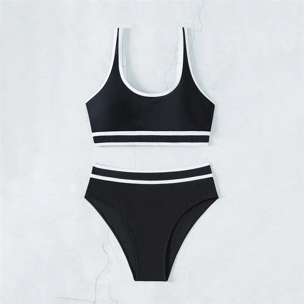 Black White Contrast High Waisted Bikini Push Up Sexy Swimsuit Women 2025 Swimwear Bathing Suit Bandeau Bikinis Sets De Mujer