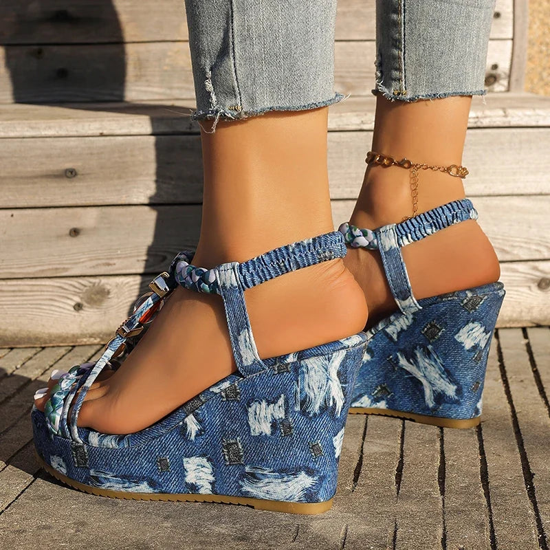 Bohemian Style Printed Wedges Sandals Women 2026 Summer Slip On Chunky Heels Sandles Woman High Heel Platform Sandalias Mujer