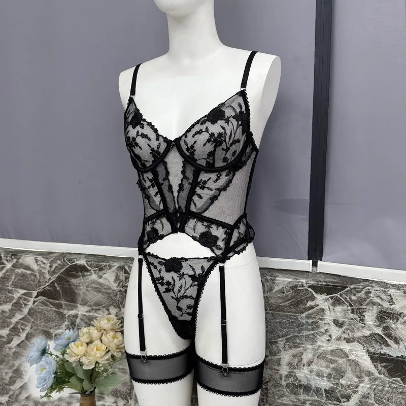 Toucheart Christmas Erotic Lingerie Seductive Embroidery Mesh Women See-through Body Shaping Sexy Pure Desire Hot Underwear Set