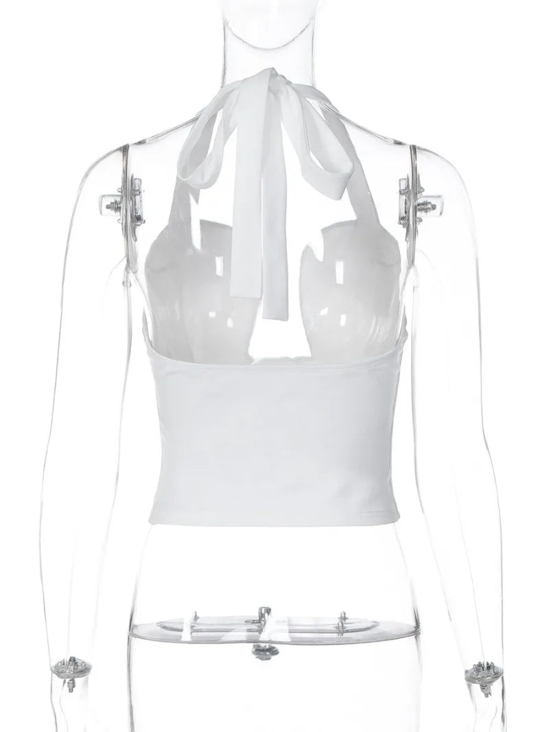 FDYOUI Sexy Hollow Out Corset Tops for Women Halter Backless Bandage Skinny Camisoles Lady White Black Cropped T-shirt Clubwear