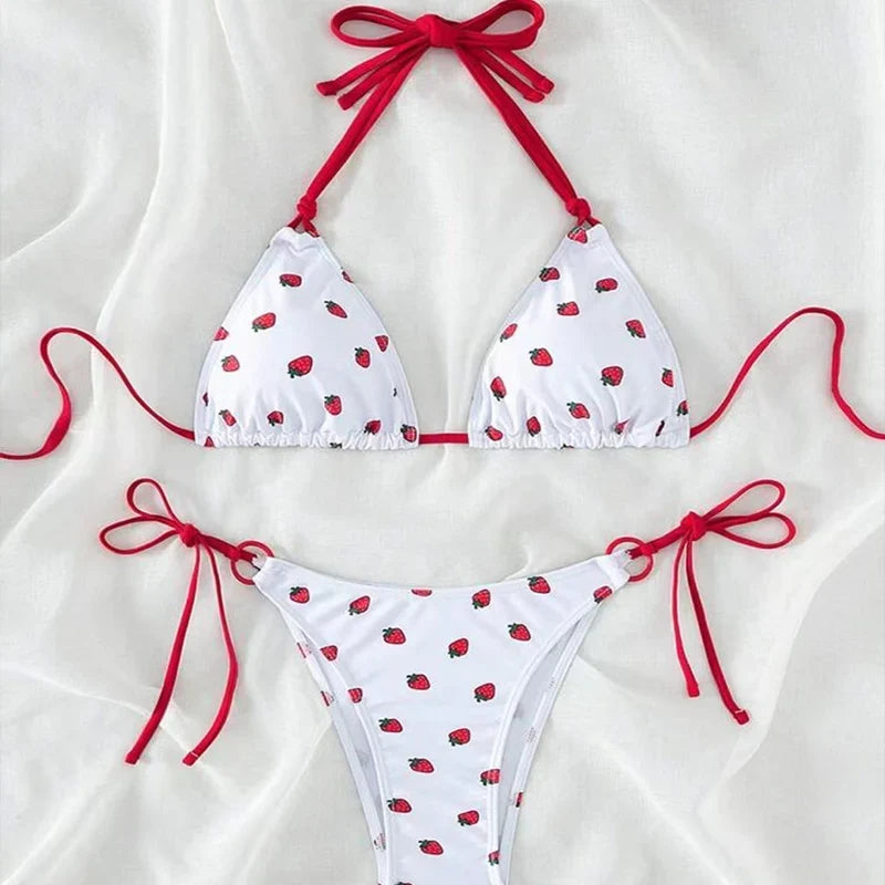 DEKA Women Cute Strawberries Print Bikini Set Sexy Thong Swimsuit Two Pieces Bathing Suit Swimwear