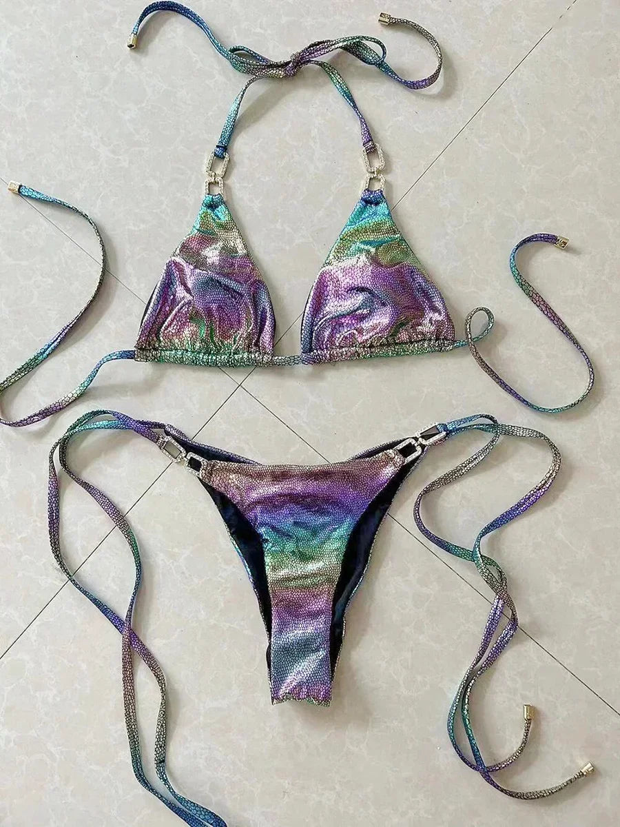 2025 Shiny Halter Rhinestone Diamond Bikini Female Swimsuit Women Swimwear Two-pieces Bikini Set Micro Strappy Bathing Suit Swim