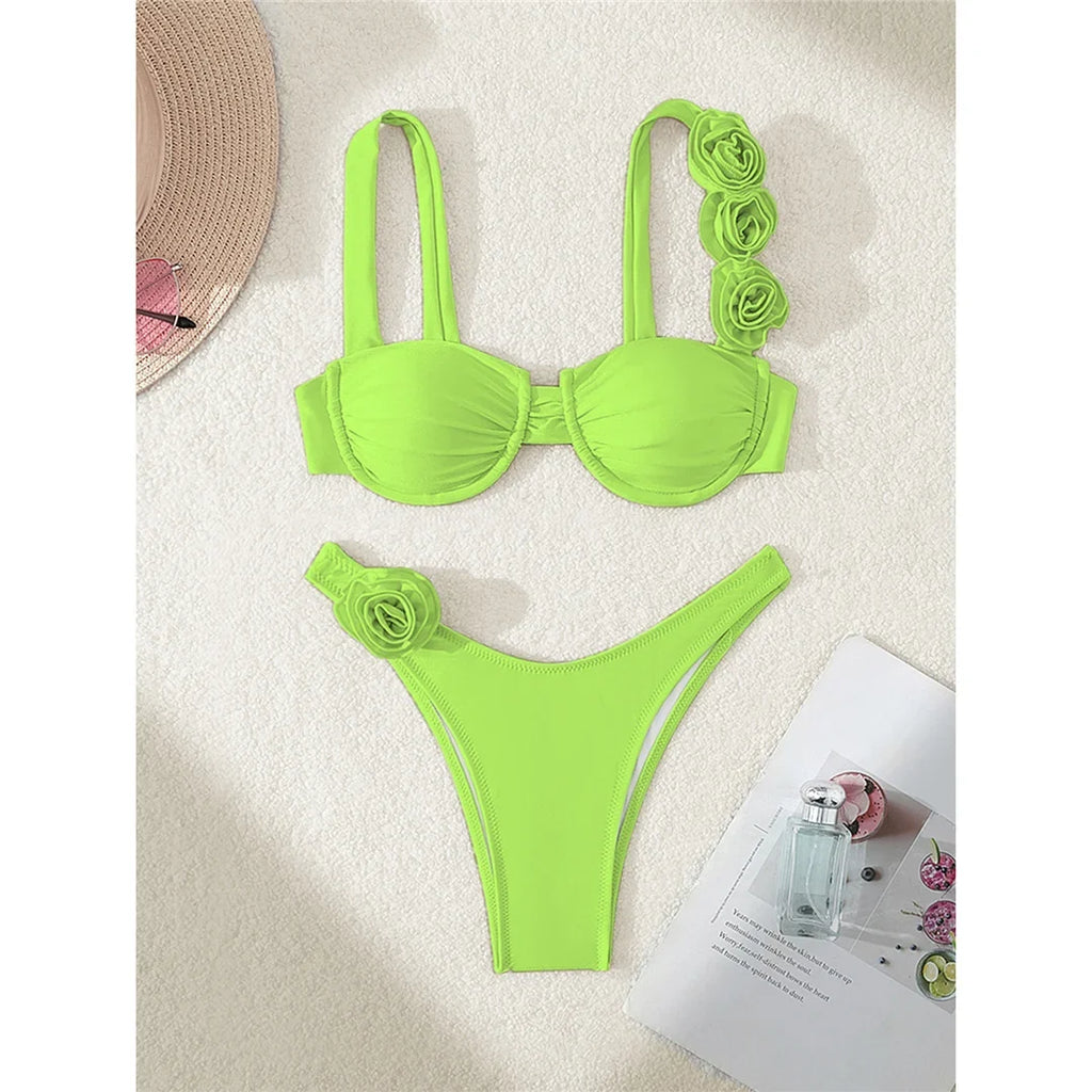Sexy 3D Flowers Underwired Bikini Women Swimwear Female Swimsuit Two-Pieces Bikini Set Brazilian Bather Bathing Suit Swim V7970