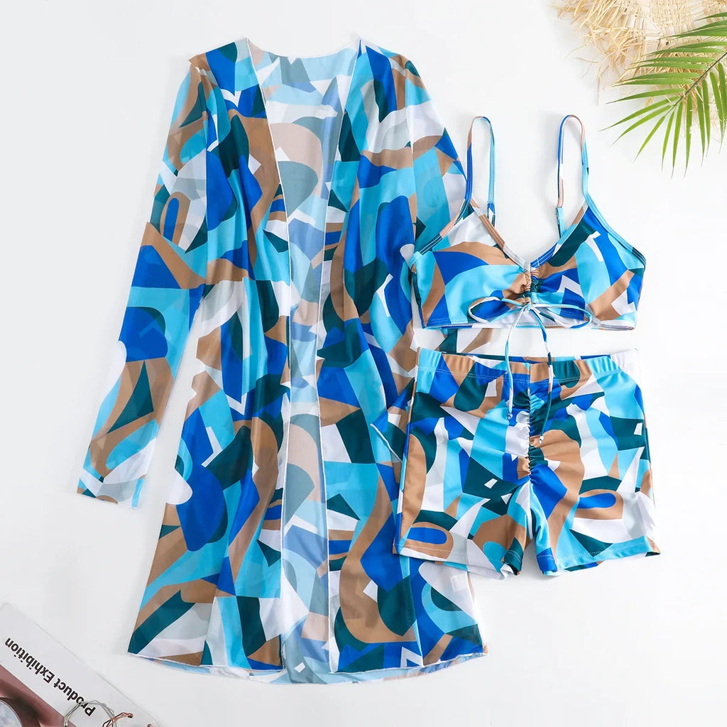 New Sexy 3 Pieces Suit for Women Neck Hanging Bikini Set+Cover-up Swimwear Sunproof Tankini High Waist Shorts Swimsuit Beachwear