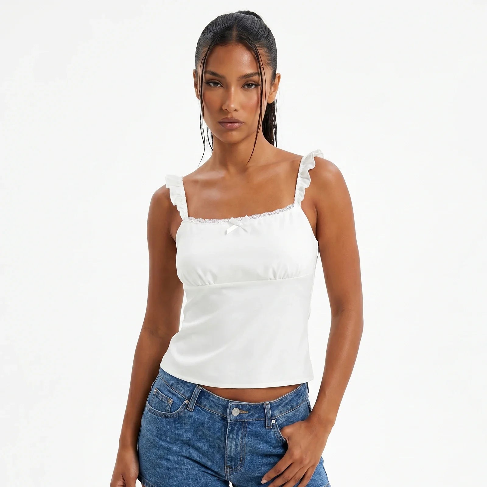 Women Solid Color Lace Trim Cami Tops Slim Flying Sleeve Square Neck Open Back Crop Tops Trendy Summer Streetwear