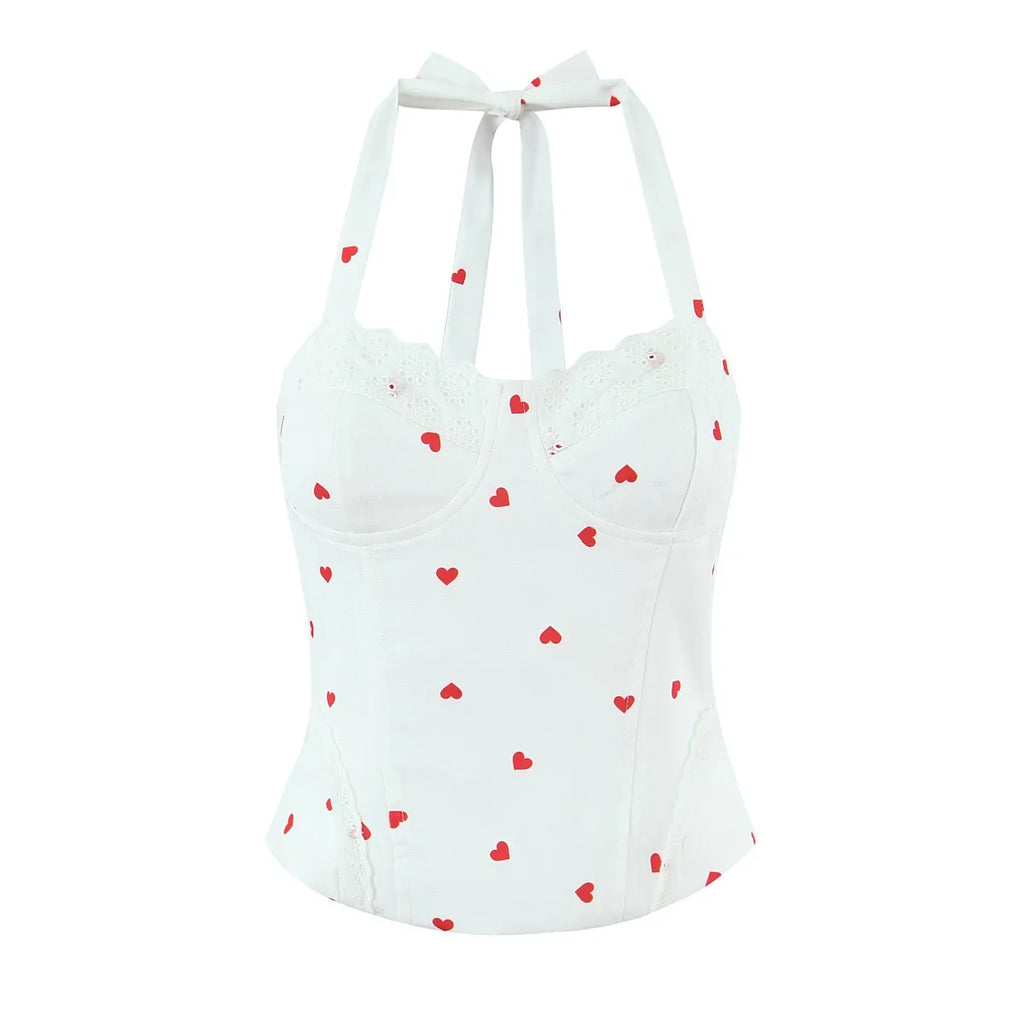 New Elegant Style Sexy Sweet Hot Girl Heart Print Slim Fit Strap Camisole Lace Trimmed Back Zipper Sleeveless Vest Charming GT1L