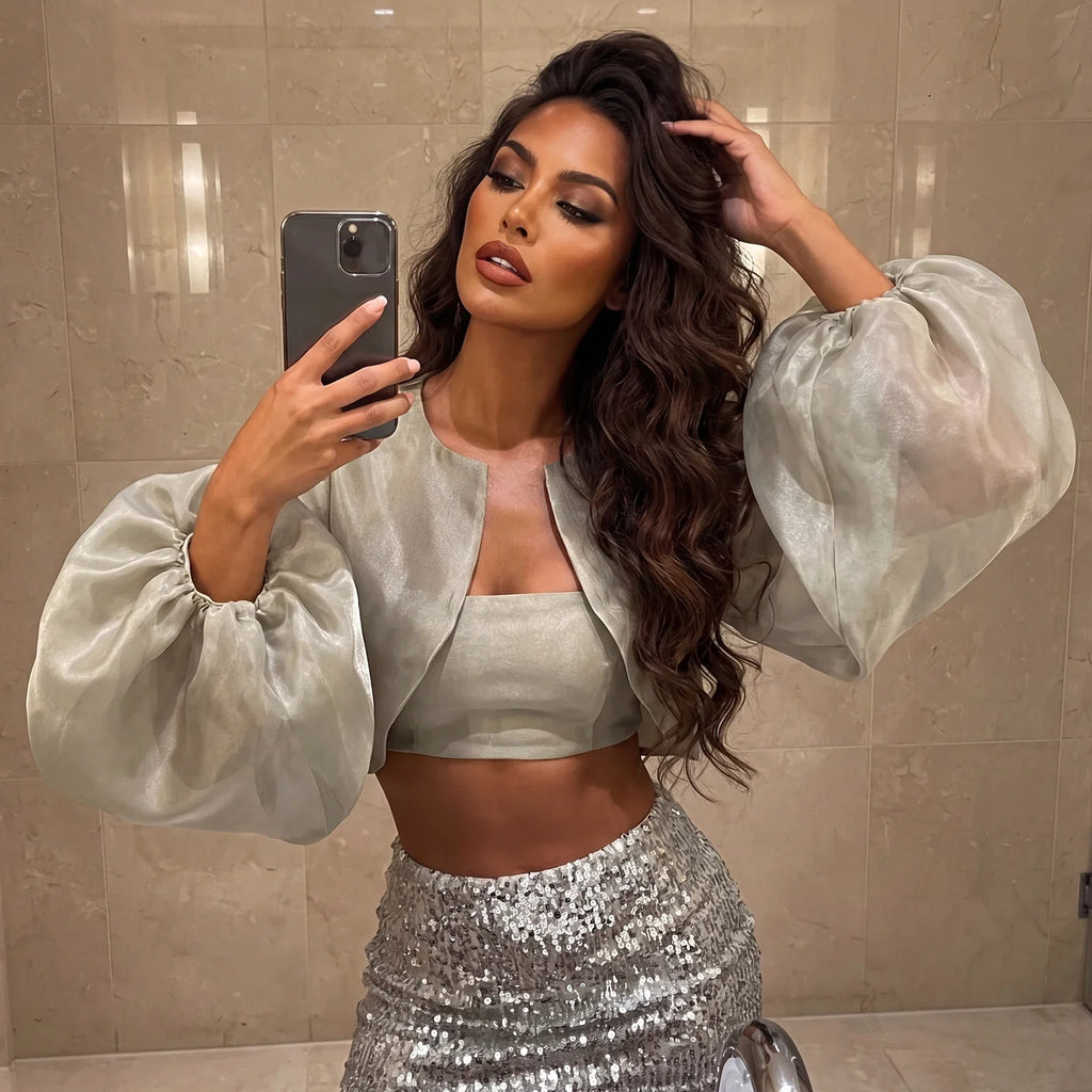 Women Chiffon Cropped Shrugs Fashion Stylish Sheer Open Front Balloon Long Sleeve Cardigan Blouse Shirts Bolero Cover-ups