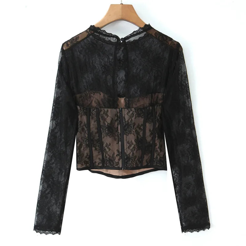 Pure Desire Sexy Sheer Crochet Lace Base Shirt Waist-Tightening Top T-Shirt For Woman Transparent Mesh Casual T-Shirt Charm ADSE