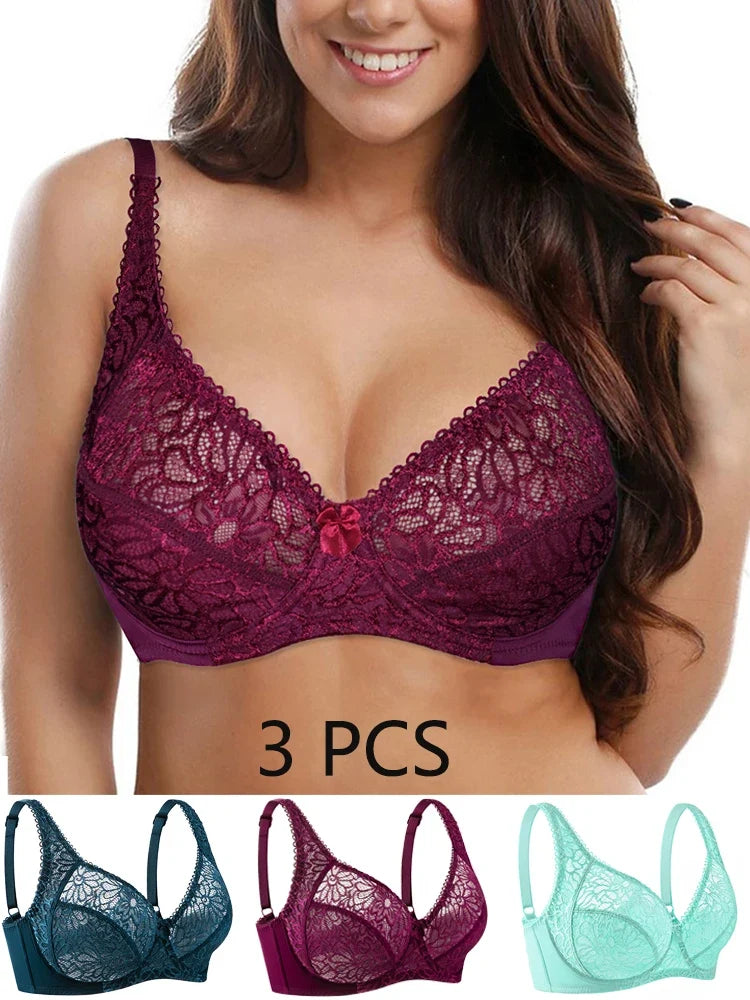 3 Pcs Womens Bras Ultra-Thin Perspective Lace Sheer Plus Size Bra Underwire Sexy Underwear Lingerie BH Tops D E F Cup