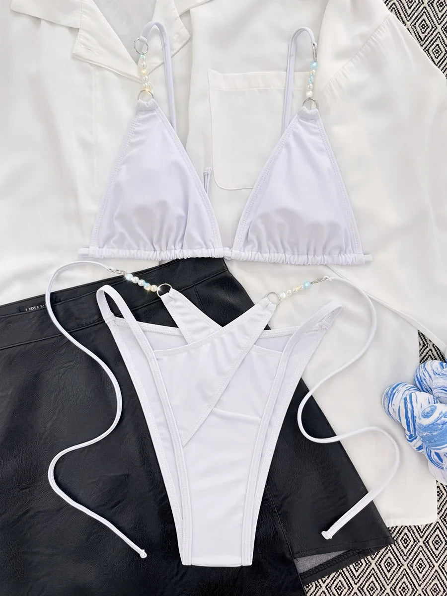 Sexy Halter Pearls High Cut Bikini Women Swimsuit Female Swimwear Two-pieces Bikini Set Lady Bather Bathing Suit Swim Beach Wear