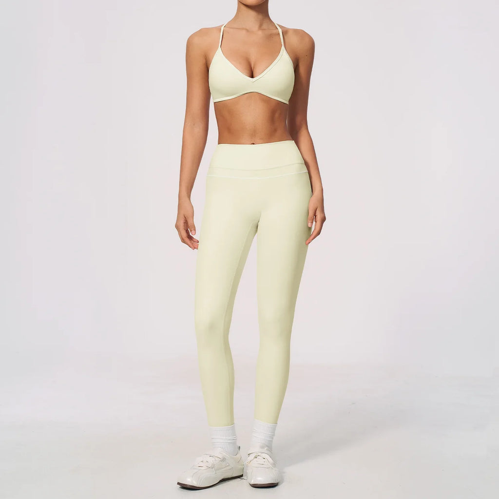 New Yoga Suit Women Color Blocked V-neck I Shape Sports Bra Fitness Clothes Summer Tight Running High Waist Leggings Tracksuit