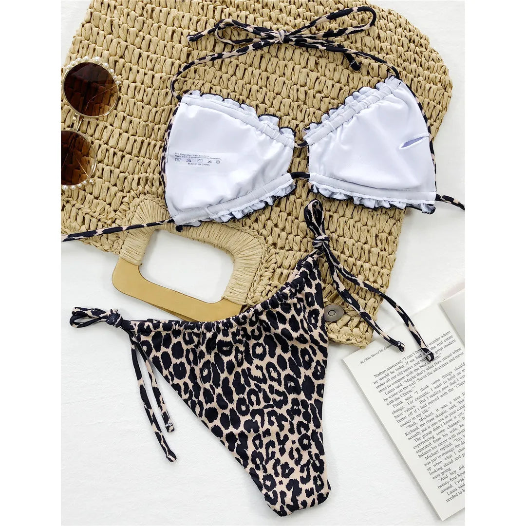 Sexy Ruffled Frilled Pleated Ruched Bikini Women Swimwear Female Swimsuit Two-pieces Bikini Set Bather Bathing Suit Swim V3239